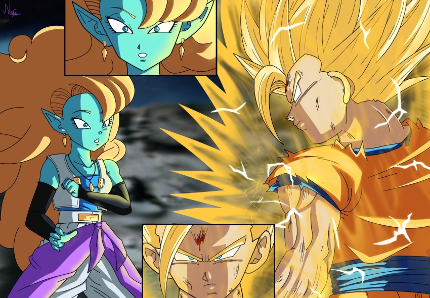 1boy 1girl blonde_hair blood blood_on_face blue_eyes blue_skin bruise bruise_on_arm bruise_on_face closed_mouth colored_skin dragon_ball dragonball_z earrings highres imminent_death injury jewelry long_hair muscular muscular_arms muscular_male necklace orange_hair pointy_ears son_gohan spiked_hair super_saiyan super_saiyan_2 tagme very_long_hair zangya