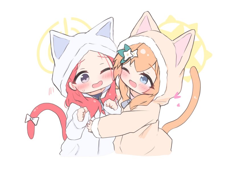 2girls animal_ears blue_archive blush cat_ears cat_girl cat_pajamas cat_tail cheek-to-cheek fake_animal_ears fake_tail flower hair_flower hair_ornament halo heads_together highres hug karupa_(karupapon) mari_(blue_archive) multiple_girls one_eye_closed orange_hair pajamas red_hair tail white_flower yellow_halo yuzu_(blue_archive)