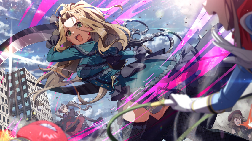brown_hair building cloud dress earrings fingerless_gloves forehead game_cg gloves green_dress green_eyes hakozaki_serika hat high_heels holding idol_heroes_(idolmaster) idolmaster idolmaster_million_live! idolmaster_million_live!_theater_days jewelry nagayoshi_subaru nikaido_chizuru official_art open_mouth scissors sunlight teeth thighhighs twintails whip