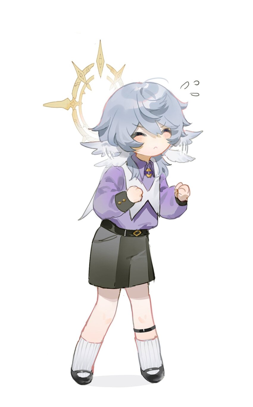1boy aged_down black_shoes black_shorts blush clenched_hands closed_eyes closed_mouth flapping flying_sweatdrops full_body grey_hair halo halo_behind_head head_wings highres honkai:_star_rail honkai_(series) long_sleeves male_focus purple_shirt ribbed_socks shirt shoes shorts simple_background socks solo suirandanshihao sunday_(honkai:_star_rail) white_background white_socks wings
