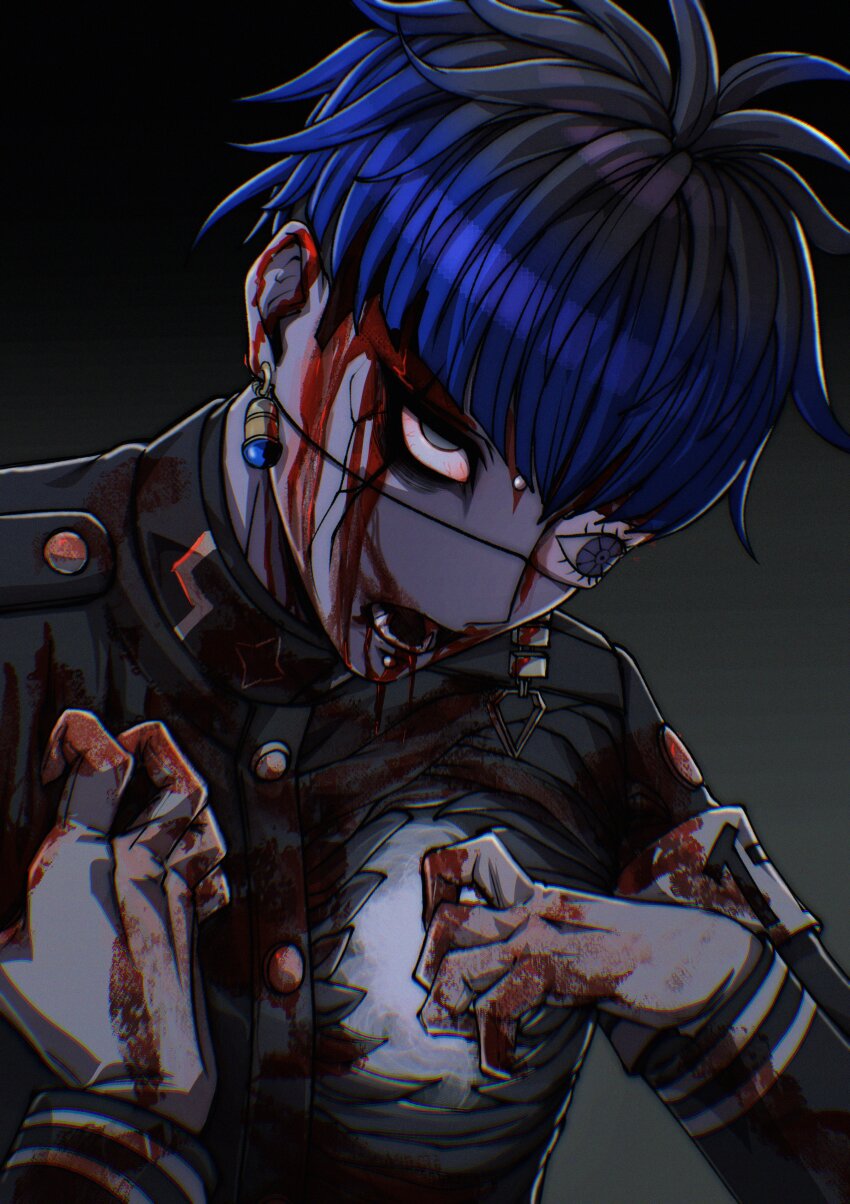 1boy absurdres armband black_background black_hair black_jacket blood bloodshot_eyes blue_hair chamuchai commentary_request earrings empty_eyes eye_print eyepatch face_piercing gakuran gloves gradient_background grey_background highres hole_in_chest hole_on_body jacket jewelry last_defense_academy_school_uniform looking_at_viewer male_focus multicolored_hair omokage_yugamu piercing print_eyepatch school_uniform short_hair solo the_hundred_line_-last_defense_academy- white_armband white_gloves zombie