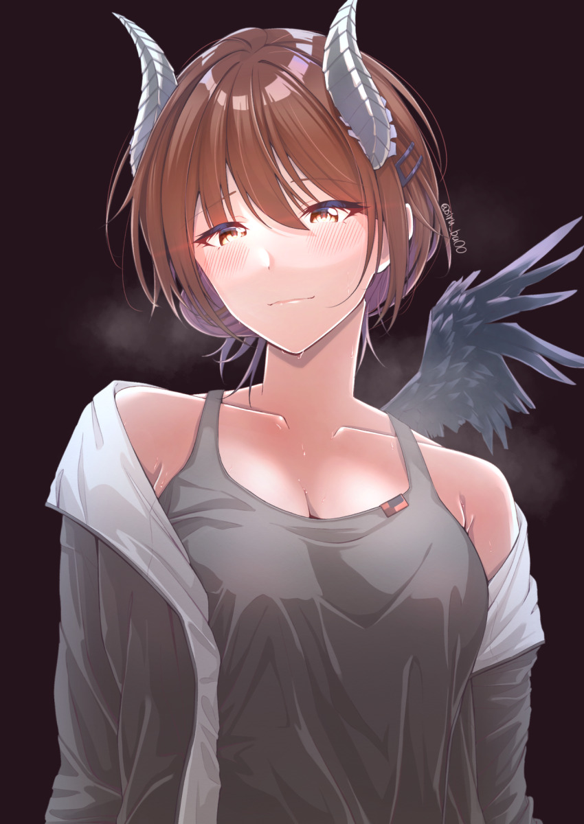 1girl aketa_mikoto black_wings breasts brown_hair cleavage collarbone demon_horns feathered_wings grey_jacket grey_tank_top highres horns idolmaster idolmaster_shiny_colors jacket jacket_partially_removed kagin_(kagou_shita_nanika) large_breasts looking_at_viewer mini_wings simple_background solo steaming_body tank_top twitter_username upper_body wings