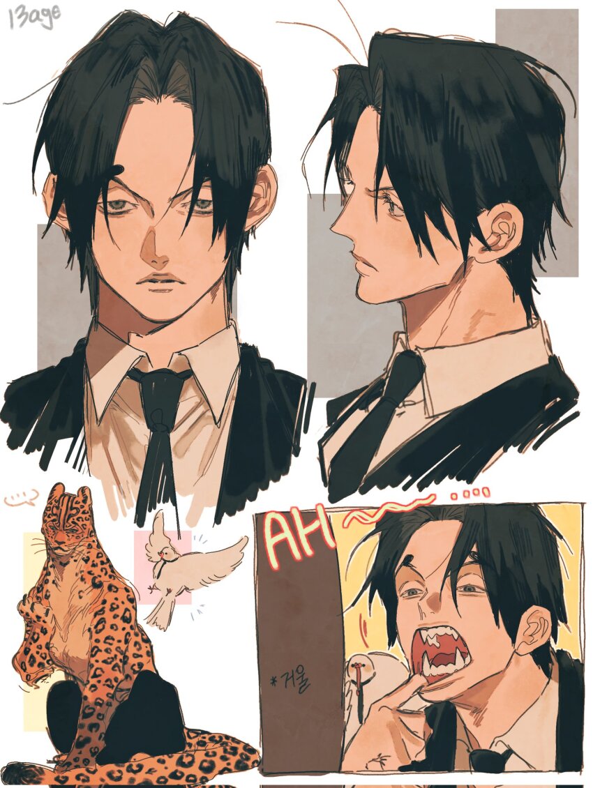 animal animalization bird black_hair black_jacket black_necktie blue_eyes closed_mouth collared_shirt commentary devil_fruit_power dove hattori_(one_piece) highres jacket leopard lips male_focus mnnd multiple_views necktie one_piece open_mouth parted_hair parted_lips rob_lucci sharp_teeth shirt suit_jacket teeth white_shirt wing_collar