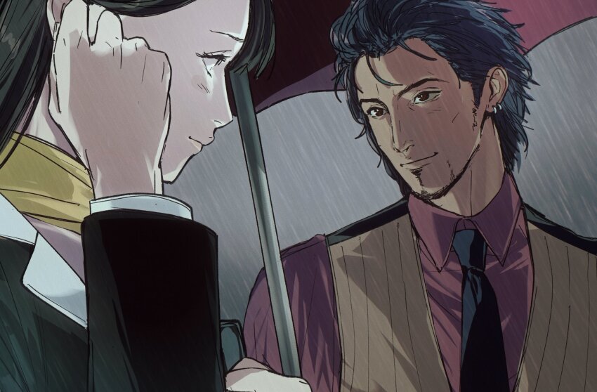 1boy 1girl ace_attorney amikoiiko beard binder black_hair black_jacket black_necktie black_vest blush brown_hair brown_vest chinstrap_beard closed_mouth collared_shirt commentary dark-skinned_male dark_skin diego_armando dress_shirt ear_piercing earrings english_commentary facial_hair fingernails gradient_background grey_background hand_on_own_ear highres holding holding_binder jacket jewelry light_smile long_hair long_sleeves looking_at_another mia_fey necktie phoenix_wright:_ace_attorney_-_trials_and_tribulations piercing portrait rain red_eyes red_shirt red_umbrella ribbed_vest scarf shared_umbrella shirt short_hair simple_background single_earring sternocleidomastoid_muscle suit_jacket two-tone_vest umbrella vest waistcoat white_background white_shirt yellow_scarf