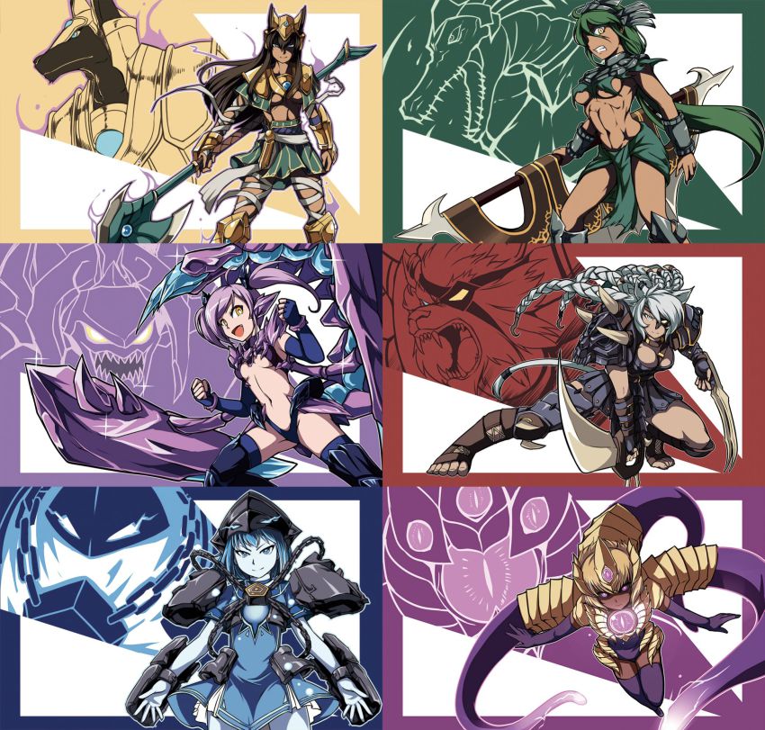 6+girls angry armor blonde_hair blue_eyes blue_hair blue_skin braid brown_hair claws colored_skin dark_skin dark-skinned_female gender_request genderswap green_eyes green_hair highres arthropod_girl league_of_legends long_hair midriff monster_girl multiple_girls muscular nam_(valckiry) nasus navel one_eye_covered personification pincers ponytail purple_hair renekton rengar short_hair skarner smile stinger tail tan twintails vel&#039;koz weapon white_hair xerath yellow_eyes