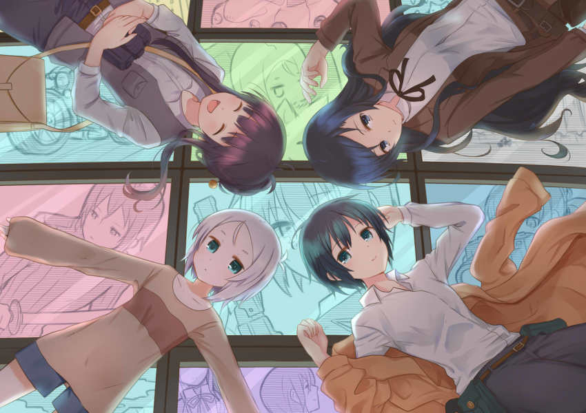 4girls ahase_hino belt camera car gun hermes_(kino_no_tabi) highres kino_(kino_no_tabi) kino_no_tabi motor_vehicle motorcycle multiple_girls photo_(kino_no_tabi) shizu_(kino_no_tabi) sword tea_(kino_no_tabi) vest weapon