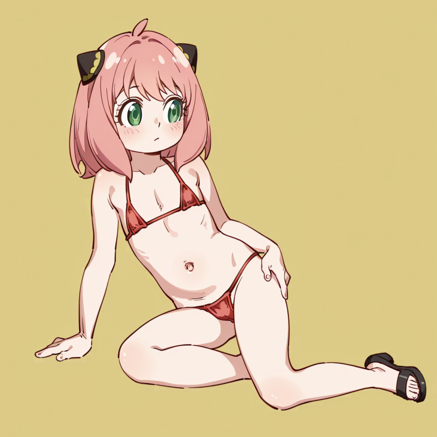 1girl age_difference anya_(spy_x_family) artist_request bikini blush feet female_focus flat_chest green_eyes hairpods highres legs loli looking_at_another medium_hair micro_bikini navel pink_hair solo spy_x_family stomach swimsuit thighs toes yellow_background