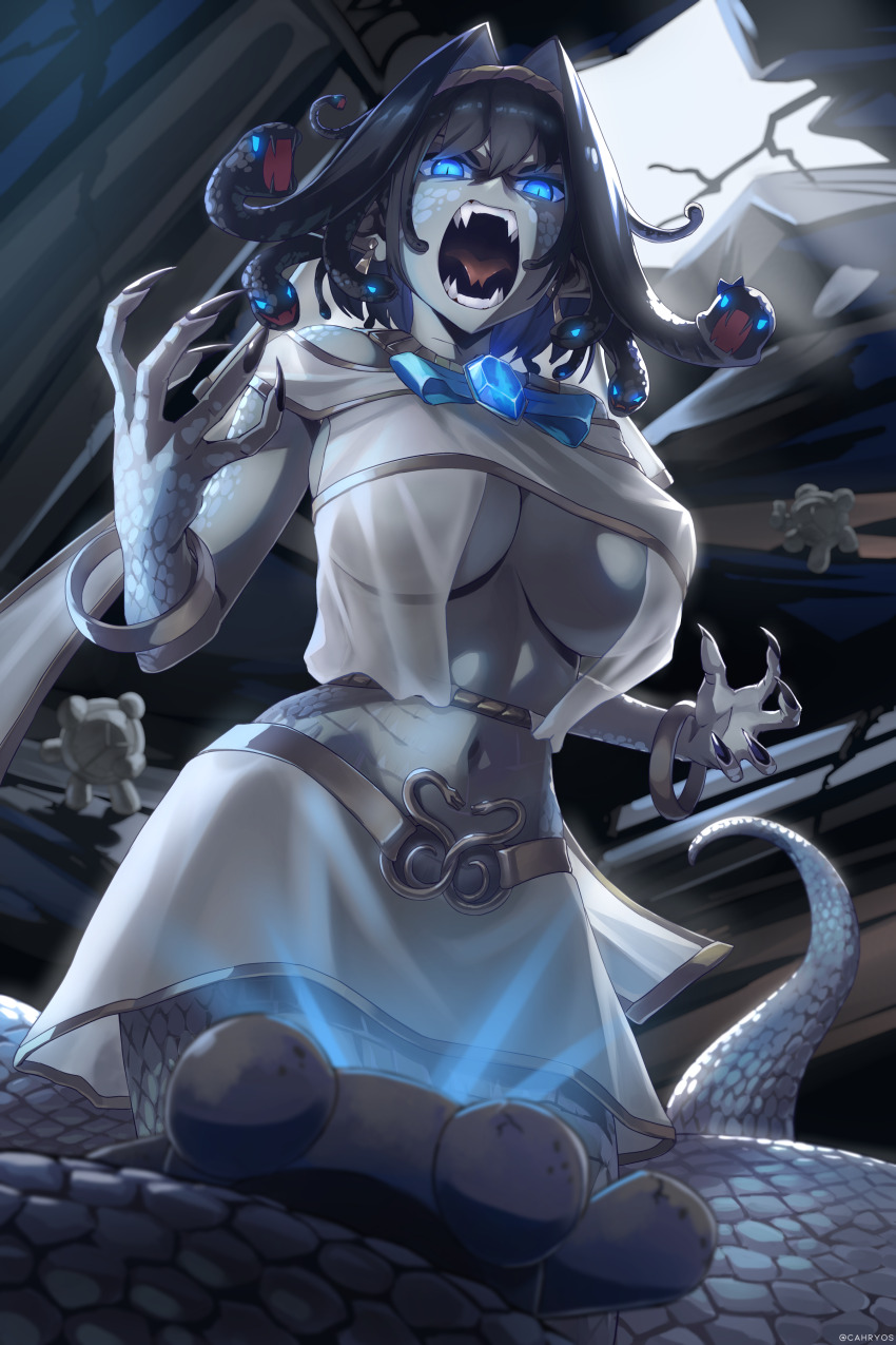 1girl absurdres black_hair blue_eyes blue_hair breasts cahryos cobra_(animal) dress hair_between_eyes hair_intakes highres hololive hololive_english jewelry kronie_(ouro_kronii) lamia large_breasts living_hair long_hair looking_at_viewer medusaronii_(ouro_kronii) monster_girl navel official_alternate_costume ouro_kronii petrification pinstripe_pattern pinstripe_skirt short_hair snake_hair solo virtual_youtuber
