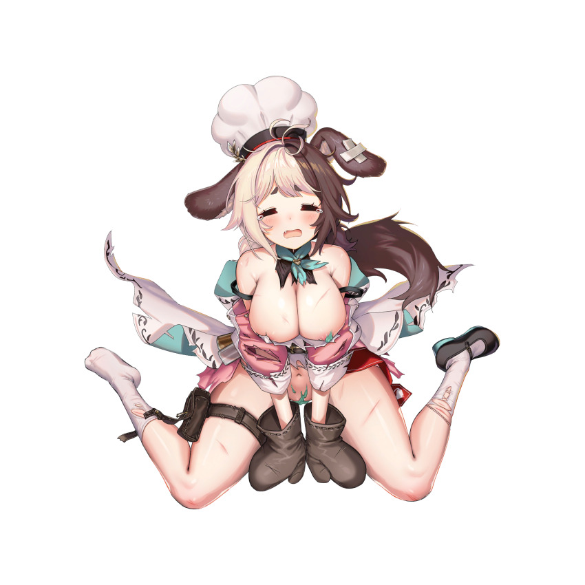 1girl animal_ear_fluff animal_ears ankle_socks apron areola_slip back_bow bandaid_on_ear bare_shoulders belt black_belt black_shoes blush bow breasts brown_hair chef_hat chocolate chocolate_on_body chocolate_on_breasts chocolate_on_head chocolate_on_legs chocolate_on_pussy closed_eyes convenient_censoring crossed_bandaids cuts dispenser dog_ears dog_girl dog_tail dress fang food_on_body full_body green_neckerchief grey_hair hachiko_of_castling hat heart highres huge_bow injury large_breasts last_origin low_twintails mary_janes mel_(dodosae) mint mint_chocolate_(razschi) multicolored_hair navel neckerchief off-shoulder_dress off_shoulder official_alternate_costume official_art open_mouth oven_mitts partially_visible_vulva pink_dress pouch puffy_sleeves shoes short_twintails sidelocks simple_background single_shoe sitting socks solo spice split-color_hair tachi-e tail tearing_up thick_thighs thigh_belt thigh_pouch thigh_strap thighs third-party_source tongue torn_apron torn_bow torn_clothes torn_dress torn_neckerchief torn_sleeves torn_socks transparent_background twintails two-tone_hair valentine wariza white_apron white_bow white_hat white_socks
