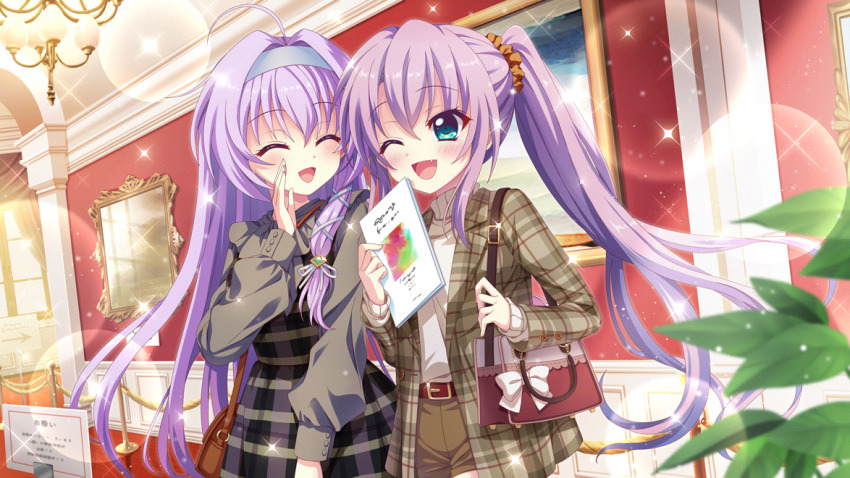 2girls ;d ahoge aqua_eyes bag belt birthday blue_hairband blue_ribbon blurry blurry_foreground blush brochure brown_bag brown_belt brown_scrunchie brown_shorts chandelier closed_eyes dot_nose dress fang film_grain game_cg grey_dress hair_intakes hair_ornament hair_ribbon hair_scrunchie hairband hand_up handbag high_ponytail hokaze_kanade holding indoors izumi_tsubasu lens_flare long_hair long_sleeves multiple_girls museum non-web_source official_art one_eye_closed open_mouth picture_frame pinafore_dress plaid_clothes plaid_dress plaid_shirt plant ponytail purple_hair re:stage! red_bag ribbon scrunchie shirt shorts sidelocks sleeveless sleeveless_dress smile sparkle stanchion tsukisaka_sayu turtleneck turtleneck_shirt very_long_hair white_shirt