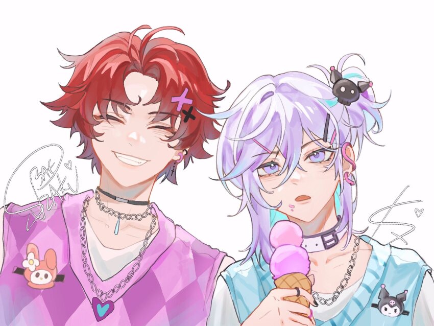 2boys aqua_hair blue_sweater_vest choker closed_eyes multiple_scoops food grey_background highres holding holding_food holding_ice_cream ice_cream ice_cream_cone jinwen_huang kuromi male_focus multicolored_hair multiple_boys my_melody onegai_my_melody open_mouth paradox_live pink_sweater_vest purple_eyes purple_hair red_hair sanrio shirt sugasano_allen sweater_vest teeth white_choker white_shirt yatonokami_kanata