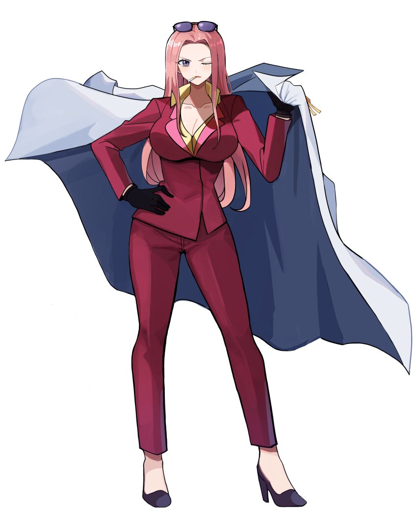 1girl absurdres black_gloves cigarette coat collared_shirt epaulettes eyewear_on_head formal_clothes full_body gloves hand_on_own_hip high_heels highres hina_(one_piece) holding_coat holding_unworn_clothes jacket kasuga_kaya long_hair looking_to_the_side one_eye_closed one_piece pants pink_hair purple_eyes shirt solo suit unworn_coat white_coat yellow_shirt