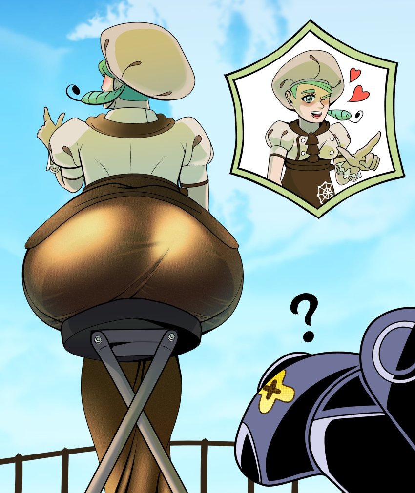 1girl absurdres apron ascot ass beret brown_apron brown_ascot bug buttons chef chef_hat double-breasted dualdragons1 gloves green_eyes gym_leader hat highres katy_(pokemon) light_green_hair looking_at_ass mole mole_on_cheek nintendo nymble pink_lips pokemon pokemon_(creature) pokemon_sv puffy_short_sleeves puffy_sleeves short_sleeves side_ponytail sitting spider_web_print thick_eyebrows waist_apron white_gloves white_headwear