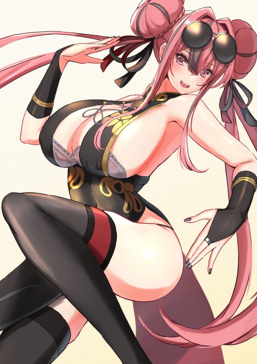 1girl :d absurdres armpits azur_lane bare_shoulders black_dress black_nails black_thighhighs bra bra_peek braid braided_bun breasts bremerton_(azur_lane) bremerton_(kung_fu_cruiser)_(azur_lane) bridal_gauntlets brown_bra china_dress chinese_clothes cleavage commentary double_bun dress eyewear_on_head grey_hair hair_between_eyes hair_bun hair_intakes hair_ornament hair_ribbon hand_up highres large_breasts light_blush long_hair looking_at_viewer multicolored_hair namazake no_mole official_alternate_costume open_mouth pelvic_curtain pink_eyes pink_hair ribbon round_eyewear sidelocks simple_background skindentation sleeveless sleeveless_dress smile solo standing standing_on_one_leg strapless strapless_bra streaked_hair teeth thighhighs tinted_eyewear two-tone_hair underwear upper_teeth_only white_background