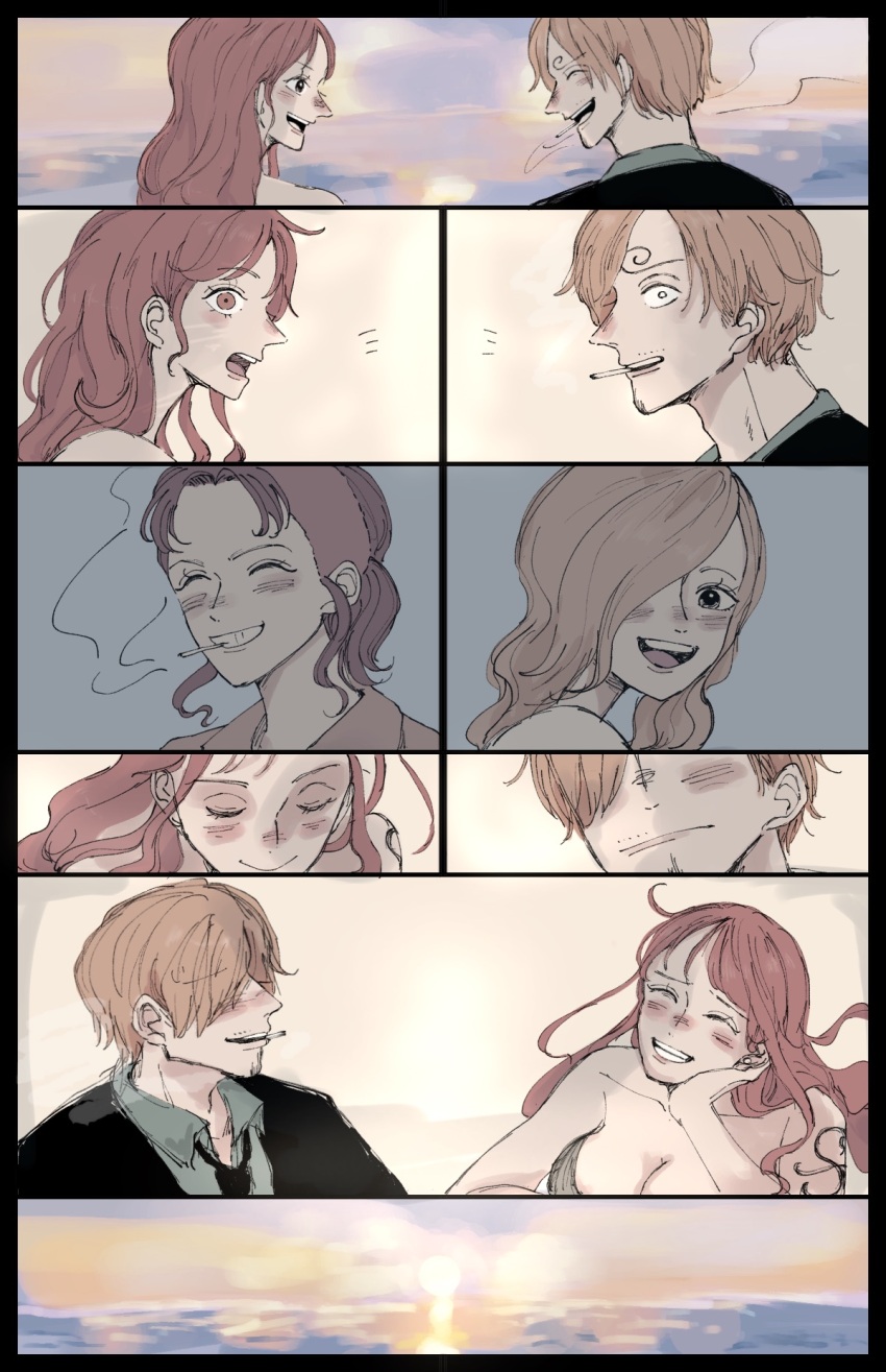 1boy 3girls arm_tattoo asymmetrical_bangs bellemere black_necktie blonde_hair blush blush_stickers cigarette closed_eyes closed_mouth curly_eyebrows hair_over_eyes hair_over_one_eye high_ponytail highres long_hair mother_and_daughter mother_and_son multiple_girls nami_(one_piece) necktie one_eye_covered one_piece open_mouth orange_hair outdoors pink_hair ponytail sanji_(one_piece) short_hair smile smoking sun tattoo teeth usn_18 vinsmoke_sora