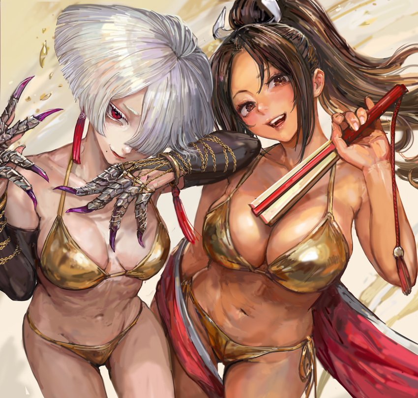 2girls a.k.i._(street_fighter) bare_shoulders bikini blush breasts brown_eyes brown_hair claw_(weapon) cleavage earrings fake_claws fatal_fury folded_fan folding_fan gold_bikini grey_hair hair_over_one_eye hand_fan high_ponytail highres holding holding_fan jewelry large_breasts long_hair looking_at_viewer miche mole mole_under_mouth multiple_girls ponytail red_eyes shiranui_mai short_hair smile street_fighter street_fighter_6 swimsuit tassel tassel_earrings the_king_of_fighters weapon white_hair