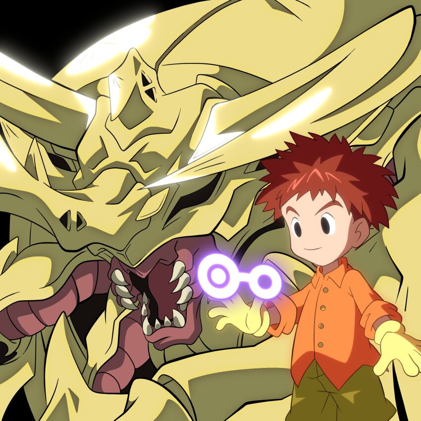 black_eyes brown_hair bug crests_(digimon) digimon digimon_(creature) digimon_adventure exoskeleton heraklekabuterimon highres horns izumi_koshiro officialseraphimon rhinoceros_beetle sharp_teeth short_hair teeth