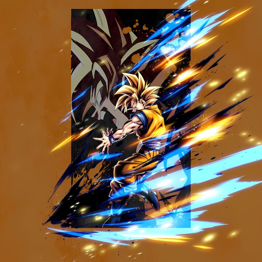 1boy blonde_hair dragon_ball dragon_ball_legends green_eyes highres ki_blast muscular muscular_male official_art serious solo son_gohan spiked_hair super_saiyan