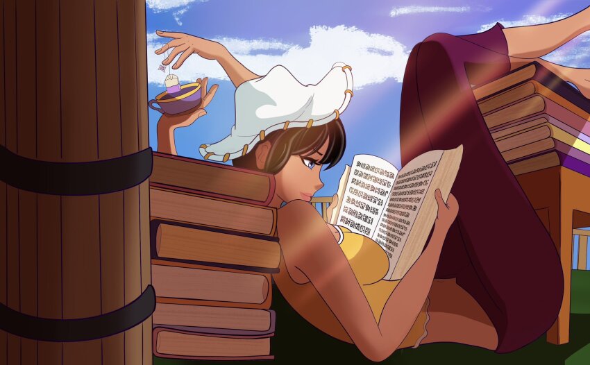 1girl black_hair blue_eyes blue_sky blunt_bangs book closed_mouth cloud commentary cowboy_hat cup devil_fruit_power disembodied_hand english_commentary extra_arms hana_hana_no_mi hat highres holding holding_book holding_cup jubreilly nico_robin nico_robin_(skypiea) one_piece outdoors pants purple_pants reading sidelocks sitting sky solo tank_top teabag white_hat yellow_tank_top