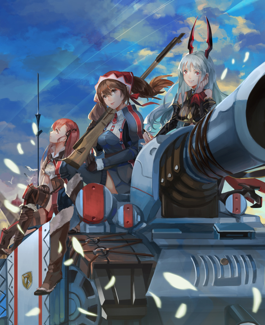 00s 10s 3girls absurdres aliasse alicia_melchiott bare_shoulders bird boots bow breasts brown_eyes brown_hair cloud cloudy_sky edelweiss_(senjou_no_valkyria) fake_horns fur_trim gloves grin gun hair_bow hair_ribbon head_rest highres horned_headwear horns insignia long_hair looking_up military military_uniform military_vehicle mizukiyan motor_vehicle multicolored_hair multiple_girls on_tank petals red_eyes red_hair ribbon riela_marcellis rifle senjou_no_valkyria senjou_no_valkyria_(series) senjou_no_valkyria_1 senjou_no_valkyria_2 senjou_no_valkyria_3 silver_hair sitting sky smile tank thighhighs weapon zettai_ryouiki