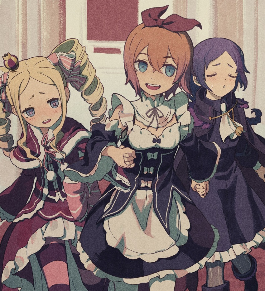3girls beatrice_(re:zero) blonde_hair blue_eyes blush bow bow_hairband butterfly-shaped_pupils capelet commentary_request crown detached_sleeves dress drill_hair eyelashes frills hair_between_eyes hairband highres holding_hands indoors iwamushi long_hair long_sleeves looking_at_viewer maid meili_portroute mini_crown multiple_girls open_mouth orange_hair pantyhose petra_leyte purple_hair re:zero_kara_hajimeru_isekai_seikatsu red_ribbon ribbon roswaal_mansion_maid_uniform short_hair sidelocks smile striped_clothes striped_pantyhose symbol-shaped_pupils teeth twin_drills twintails upper_teeth_only