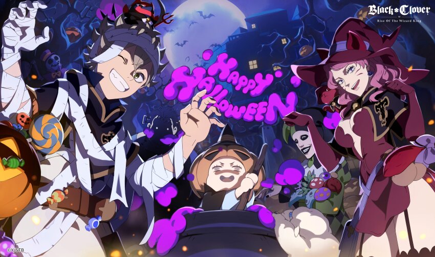 absurdres asta_(black_clover) black_clover breasts charmy_pappitson cleavage garter_straps gordon_agrippa happy_halloween hat highres large_breasts long_hair official_art pink_hair smile vanessa_enoteca witch_hat