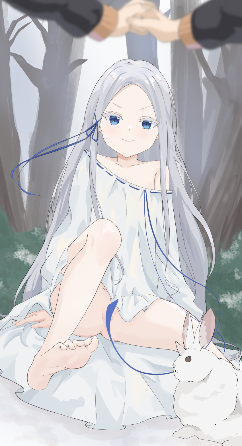 1boy 1girl absurdres anus bare_legs barefoot blue_eyes blue_ribbon closed_mouth collarbone colored_eyelashes convenient_censoring dress feet foot_focus forest full_body grey_hair highres long_hair looking_at_viewer natsuki_subaru nature no_panties outdoors pandora_(re:zero) pov pov_hands rabbit re:zero_kara_hajimeru_isekai_seikatsu ribbon ribbon-trimmed_clothes ribbon-trimmed_dress ribbon_trim single_off_shoulder sitting soles solo_focus toes tree very_long_hair white_dress white_eyelashes yicheen