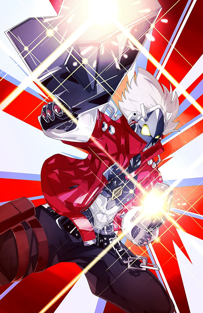 1boy absurdres belt belted_skirt billy_kid black_pants cowboy_shot cyborg dual_wielding gun highres holding holding_gun holding_weapon jacket male_focus open_clothes open_jacket pants red_jacket robot_boy short_hair solo spiked_hair spiked_jacket studded_belt weapon white_hair zenless_zone_zero zeroartwo