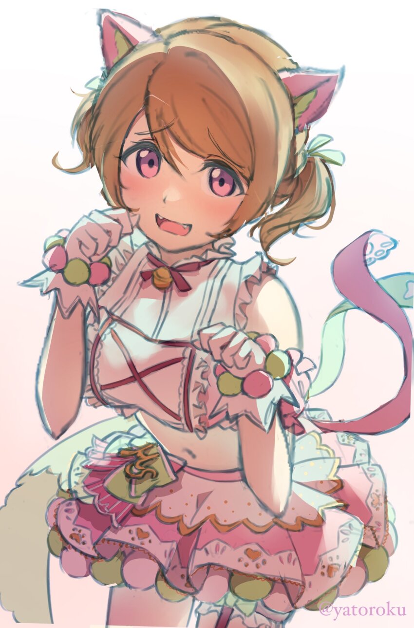 1girl animal_ear_hairband animal_ears breasts brown_hair cat_day cat_ear_hairband cat_ears commentary cowboy_shot fake_animal_ears fangs frilled_skirt frills gloves hair_between_eyes hair_ornament hairband hairclip highres koizumi_hanayo large_breasts leaning_forward looking_at_viewer love_live! love_live!_school_idol_project miniskirt navel paw_pose purple_eyes short_hair skirt solo stomach swept_bangs twitter_username unfinished white_gloves white_hairband yatoroku