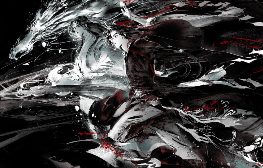 2boys arm_up between_fingers black_background black_hair black_hanfu chinese_clothes closed_mouth dragon eastern_dragon energy faux_traditional_media fighting_stance floating_clothes floating_hair from_side grey_eyes grey_pants guqin hair_ribbon hanfu headband highres holding holding_instrument holding_ofuda ink_wash_painting instrument kcllzas163 lan_wangji light_particles long_hair long_sleeves looking_at_another looking_to_the_side male_focus modao_zushi monochrome multiple_boys music ofuda ofuda_between_fingers pants parted_lips playing_instrument ponytail profile red_ribbon ribbon robe running sash smoke spot_color sword third-party_source very_long_hair watercolor_effect weapon wei_wuxian white_hanfu white_headband wide_sleeves