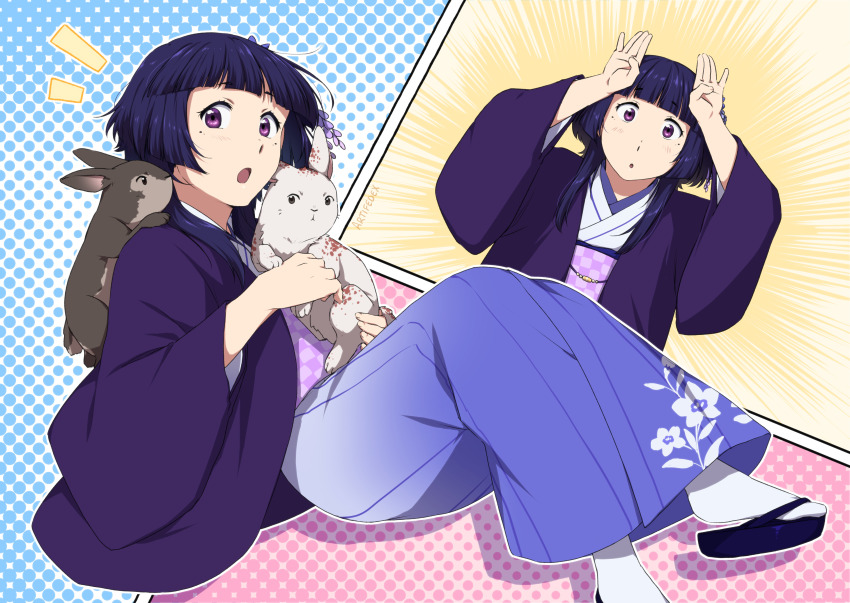 1girl absurdres animal artifedex blue_hair blue_kimono blunt_bangs checkered_clothes commentary english_commentary gradient_clothes halftone halftone_background haori highres holding holding_animal japanese_clothes kimono obi original purple_eyes purple_haori rabbit sandals sash short_hair socks white_socks