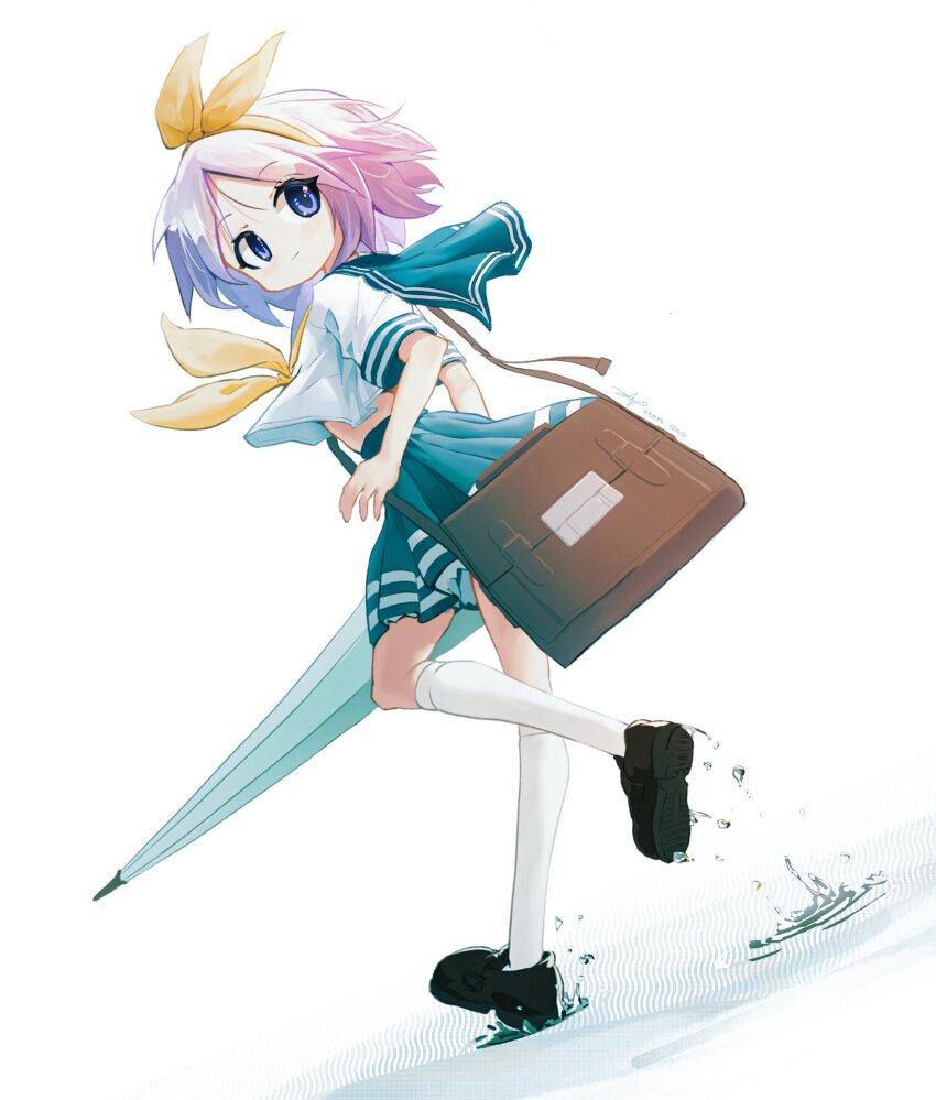 1girl absurdres ap04astral bag black_shoes blue_eyes blue_sailor_collar blue_skirt highres hiiragi_tsukasa kneehighs lucky_star neckerchief pleated_skirt puddle purple_hair ribbon ryouou_school_uniform sailor_collar sailor_shirt school_uniform shirt shoes short_hair shoulder_bag skirt smile socks tareme umbrella white_background white_shirt white_socks yellow_neckerchief yellow_ribbon