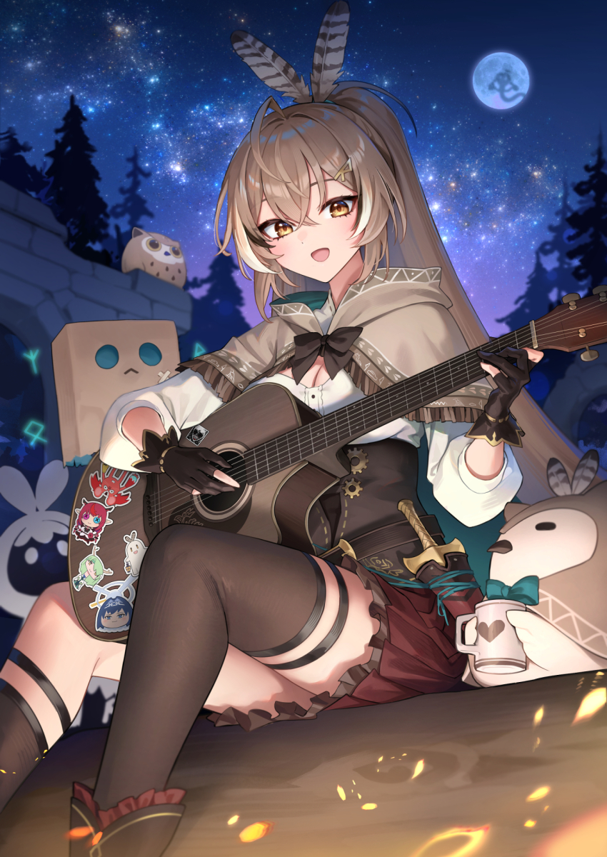 1girl acoustic_guitar ahoge archery_shooting_glove belt belt_pouch black_hair boomei_(nanashi_mumei) bow bowtie brown_bow brown_bowtie brown_cape brown_corset brown_eyes brown_hair cape ceres_fauna cleavage_cutout clothing_cutout commentary corset crossed_bangs dagger double-parted_bangs english_commentary feather_hair_ornament feathers friend_(nanashi_mumei) full_moon giraffe_fauna gloves green_cape guitar hair_between_eyes hair_ornament hairclip hakos_baelz hakos_baelz_(rat) high_collar highres holding holding_guitar holding_instrument hololive hololive_english hood hooded_cape hooman_(nanashi_mumei) hootsie_(nanashi_mumei) instrument irys_(hololive) kneehighs knife letter_hair_ornament long_hair miniskirt moon multicolored_hair mumei_(song)_(hololive) music nanashi_mumei nanashi_mumei_(1st_costume) nightmare_(nanashi_mumei) oopartz_yang open_mouth ouro_kronii outdoors partially_fingerless_gloves playing_instrument pleated_skirt pouch red_skirt sheath sheathed shirt single_kneehigh single_sock single_thighhigh sitting skirt sky smol_irys socks solo split_ponytail star_(sky) starry_sky streaked_hair thigh_strap thighhighs three-quarter_sleeves two-sided_cape two-sided_fabric underbust very_long_hair virtual_youtuber weapon white_hair white_shirt yatagarasu_(tsukumo_sana) yukkronii_(ouro_kronii)