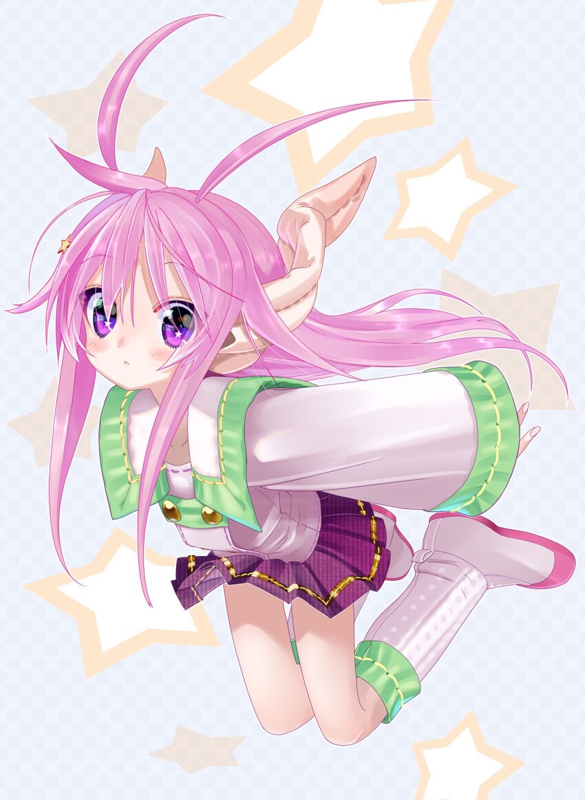 1girl :&lt; axiacid closed_mouth clothes_lift collared_shirt commentary_request expressionless full_body hair_ears hair_flaps hair_ornament highres long_hair long_pointy_ears long_sidelocks long_sleeves looking_at_viewer original pink_hair pleated_skirt pointy_ears purple_eyes purple_skirt ribbon-trimmed_sleeves ribbon-trimmed_socks ribbon_trim shirt shoes sidelocks skirt skirt_lift sleeves_past_wrists socks solo star-shaped_pupils star_(symbol) star_hair_ornament suzuka_sutera_(axiacid) symbol-shaped_pupils very_long_hair white_shirt white_shoes white_socks wide_sleeves