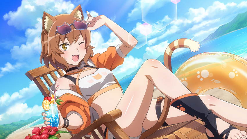 1girl :d adjusting_eyewear animal-themed_eyewear animal_ear_fluff animal_ears anime_coloring anya_fromel beach bikini bikini_shorts black_boots black_choker blue_sky boots breasts brown_eyes brown_hair cat_ears cat_girl cat_tail chair cherry choker criss-cross_halter cropped_jacket cup danmachi_battle_chronicle drinking_glass drinking_straw dungeon_ni_deai_wo_motomeru_no_wa_machigatteiru_darou_ka eyewear_on_head fang flower food fruit game_cg halterneck hand_on_eyewear hand_up hibiscus highres holding holding_cup ice ice_cube innertube jacket knee_up lemon lemon_slice looking_at_viewer medium_breasts non-web_source ocean official_alternate_costume official_art on_chair one_eye_closed open_mouth orange_jacket outdoors print_innertube purple-tinted_eyewear red_flower short_hair shorts single_bare_shoulder sitting sky smile solo stomach sunglasses swim_ring swimsuit tail tinted_eyewear tropical_drink white_bikini wooden_chair