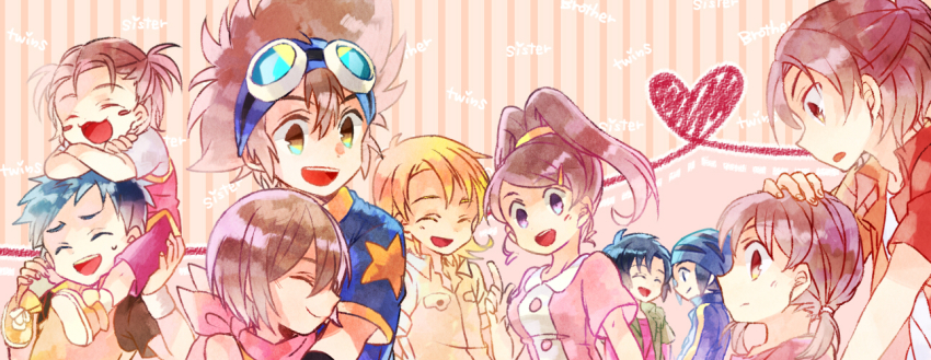 4girls 6+boys amano_nene_(digimon_xros_wars) amano_yuu_(digimon) blush brother_and_sister brothers daimon_chika daimon_masaru_(digimon_savers) digimon digimon_adventure digimon_frontier digimon_savers digimon_tamers digimon_xros_wars digimon_xros_wars:_toki_wo_kakeru_shounen_hunter-tachi goggles goggles_on_head hair_ornament hairclip heart kimura_kouichi lee_jianliang lee_shaochung long_hair minamoto_kouji multiple_boys multiple_girls open_mouth ponytail siblings smile split_ponytail yagami_hikari yagami_taichi