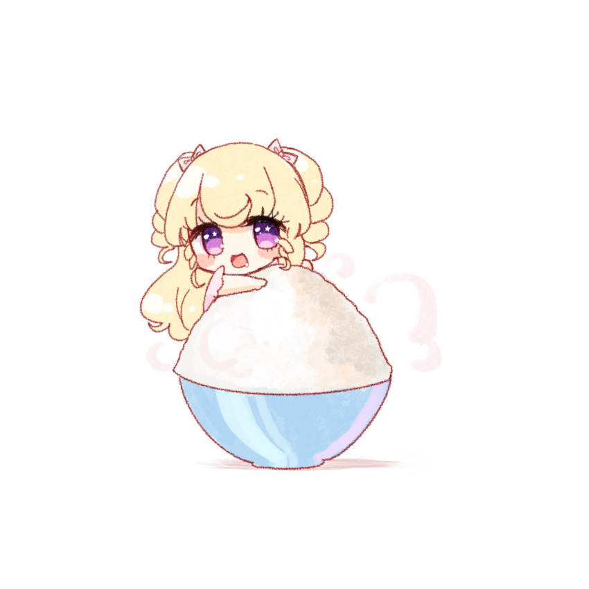 1girl :d blonde_hair blush_stickers bow bowl chibi drooling food hair_bow highres idol_time_pripara in_food long_hair looking_at_viewer open_mouth pink_bow pretty_series pripara pudding_(skymint_028) purple_eyes rice rice_bowl ringlets saliva shadow simple_background smile solo steam two_side_up very_long_hair white_background yumekawa_yui
