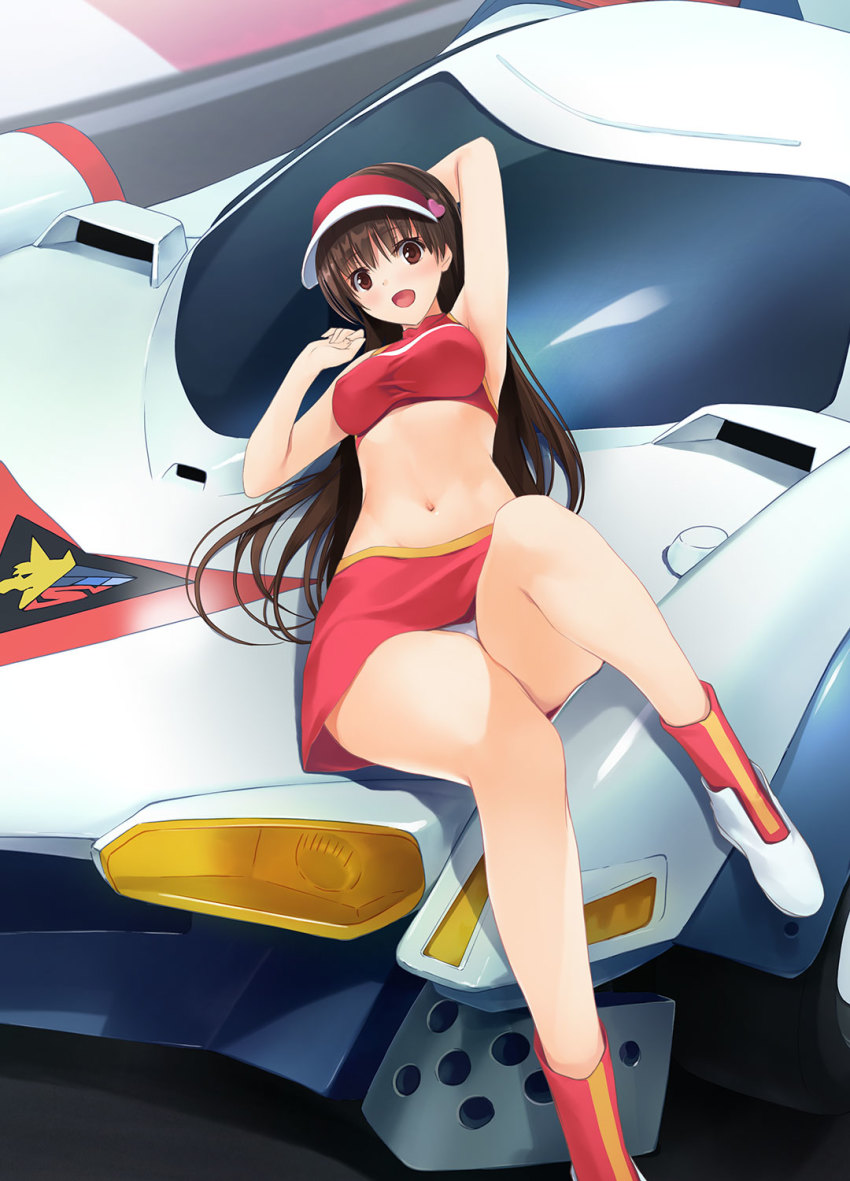 :d armpits black_hair blouse boots breasts brown_eyes car feet_out_of_frame future_gpx_cyber_formula highres ichikawa_noa large_breasts legs long_hair looking_at_viewer lying midriff miniskirt motor_vehicle navel on_car open_mouth panties pantyshot red_boots red_shirt shirt skirt sleeveless sleeveless_shirt smile solo sugou_asuka thighs underwear visor_cap white_panties