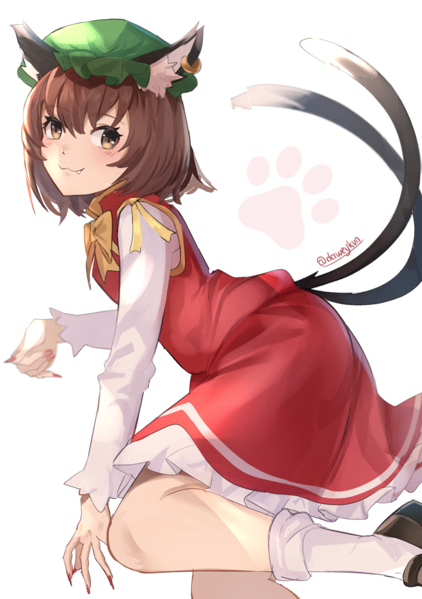 1girl :3 bent_over blush brown_eyes brown_hair cat_tail chen clothing_cutout daweykun dress fang fang_out feet_out_of_frame flat_chest from_side gold_trim hat highres leg_up long_sleeves looking_at_viewer looking_to_the_side mob_cap multiple_tails nail_polish nekomata red_dress red_nails simple_background solo tail tail_through_clothes touhou two_tails white_background