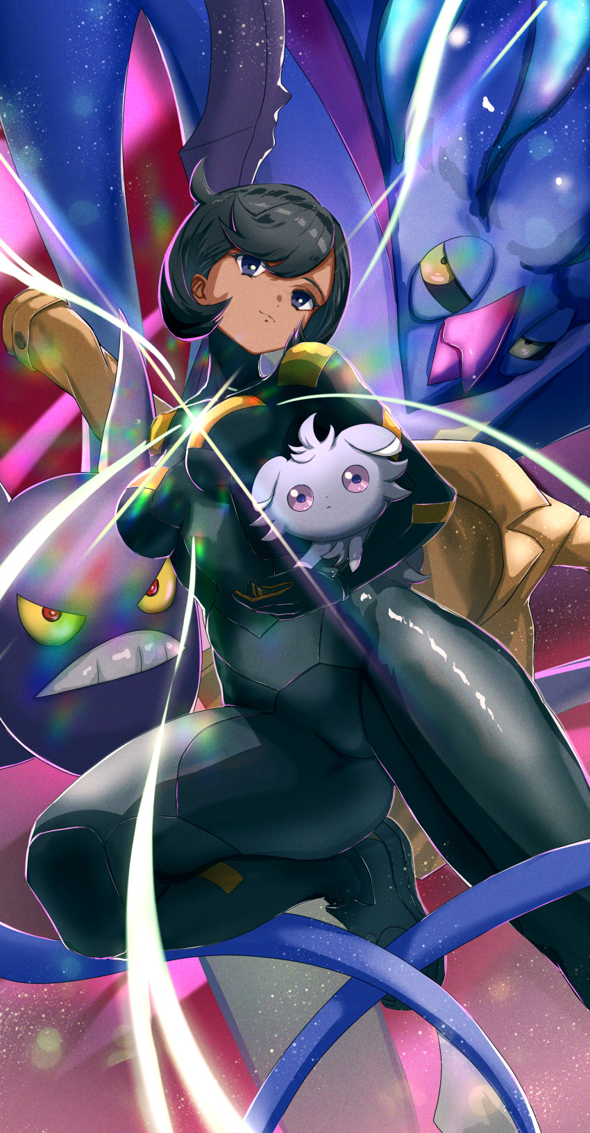 1girl absurdres black_bodysuit black_hair bodysuit breasts brown_jacket closed_mouth crobat emma_(pokemon) espurr gen_2_pokemon gen_6_pokemon highres holding holding_pokemon jacket looking_at_viewer malamar medium_breasts mega_malamar nintendo pokemon pokemon_(creature) pokemon_legends:_z-a purple_eyes short_hair thighs yuu_(primenumber7)