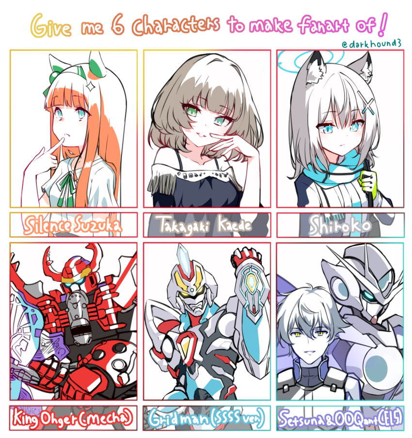 00_qan[t] 2boys 4girls animal_ears black_jacket blue_archive blue_eyes blue_necktie dark_hound_3 english_text green_eyes grey_hair gridman_(ssss) gridman_universe halo highres idolmaster idolmaster_cinderella_girls jacket king-ohger long_hair looking_at_viewer mecha multiple_boys multiple_drawing_challenge multiple_girls necktie ohsama_sentai_king-ohger orange_hair robot setsuna_f._seiei shiroko_(blue_archive) shirt silence_suzuka_(umamusume) six_fanarts_challenge solo ssss.gridman super_sentai takagaki_kaede umamusume white_background white_shirt