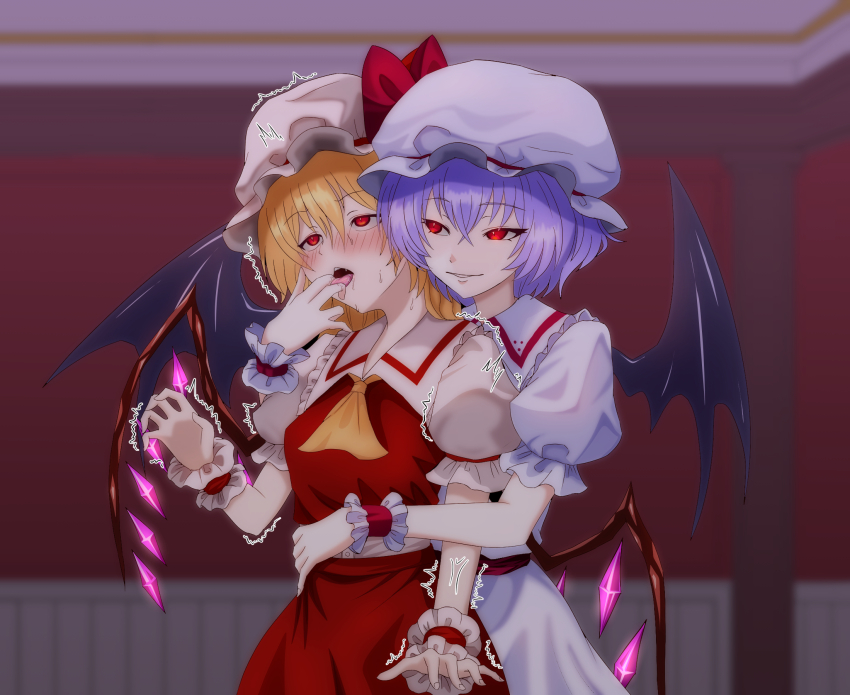 2girls bat_wings blonde_hair blush finger_in_another&#039;s_mouth flandre_scarlet hat highres incest indoors merihari07 mob_cap multiple_girls puffy_short_sleeves puffy_sleeves purple_hair red_eyes red_vest remilia_scarlet short_hair short_sleeves siblings sisters tongue tongue_out touhou vest white_hat wings yuri