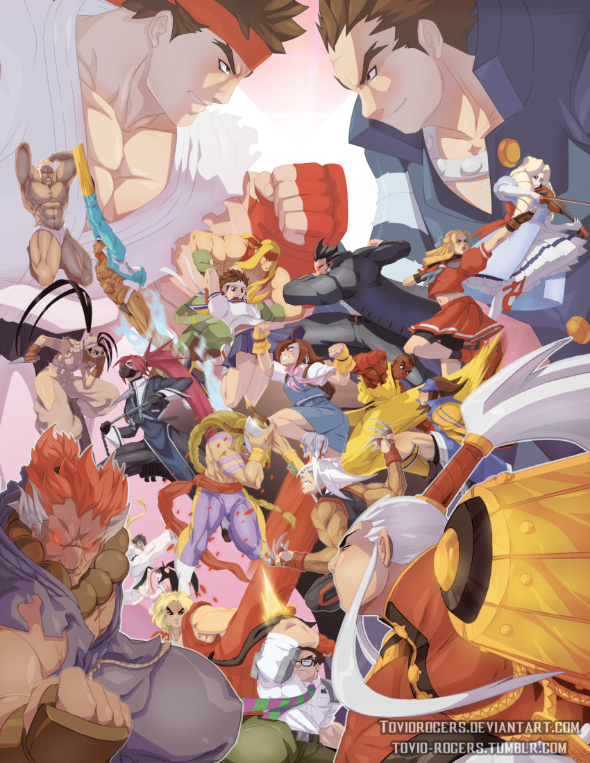 6+boys 6+girls akuma_(street_fighter) alex_(street_fighter) beads black_hair blonde_hair blue_sailor_collar brown_hair capcom chain claw_(weapon) covered_eyes cross-laced_footwear crossover dark-skinned_male dark_skin dougi drill_hair elbow_gloves epaulettes fingerless_gloves flippers gloves hair_slicked_back headband highres himezaki_aoi hip_vent ibuki_(street_fighter) ichimonji_batsu imawano_hyou instrument justice_gakuen kanzuki_karin karuizawa_momo kasugano_sakura kazama_daigo ken_masters kirishima_kurou kirishima_yurika kunai makoto_(street_fighter) male_swimwear mask moero!_justice_gakuen multiple_boys multiple_girls namikawa_nagare pantyhose prayer_beads racket red_hair roberto_miura ryu_(street_fighter) sailor_collar school_uniform sean_matsuda shimazu_hideo soccer_uniform sportswear street_fighter street_fighter_iii_(series) swim_briefs swimsuit tennis_racket tovio_rogers twin_drills urien vega_(street_fighter) violin visor wakaba_hinata watermark weapon web_address white_hair white_legwear white_male_swimwear white_swim_briefs