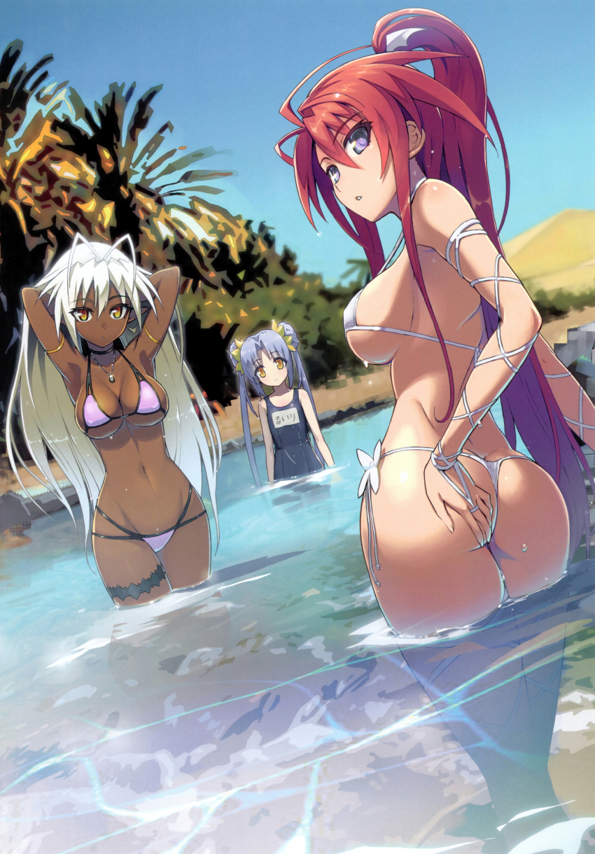 3girls absurdres antenna_hair armlet armpits arms_behind_head arms_up ass ass_grab beach bikini blue_hair breasts frilled_thigh_strap brown_eyes butt_crack choker cross-laced_footwear dark-skinned_female dark_skin day dutch_angle glint hair_between_eyes hand_on_own_hip high_ponytail highres ignis_(jingai_makyou) jewelry jingai_makyou kikokugai kong_ruili large_breasts long_hair looking_back multiple_girls namaniku_atk navel necklace one-piece_swimsuit ookuma_nekosuke outdoors parted_lips pink_bikini pointy_ears ponytail red_hair sansei_muramasa scan school_swimsuit side-tie_bikini_bottom sideboob sidelocks small_breasts soukou_akki_muramasa strap_gap string_bikini swimsuit thigh_strap thong thong_bikini twintails very_long_hair wading water wet wet_hair white_bikini white_hair