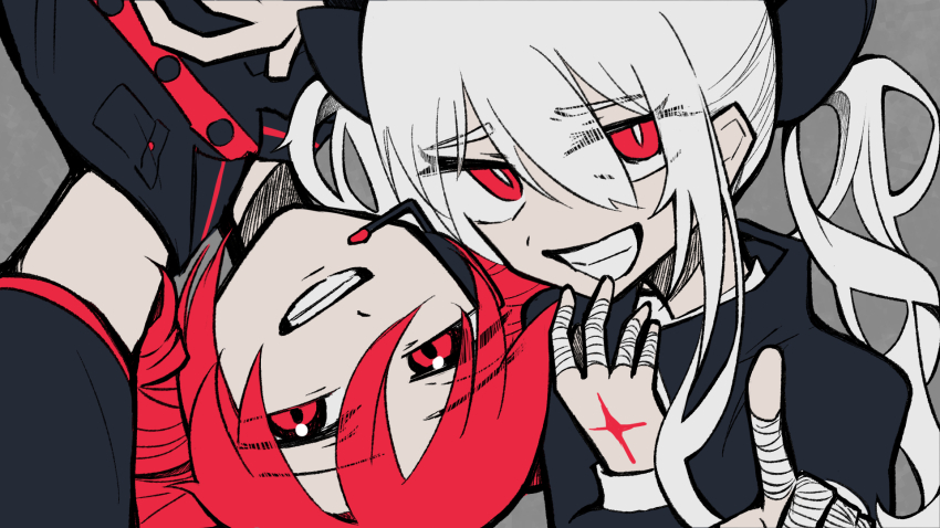 2girls bandaged_fingers bandages black_bow black_jacket black_shirt black_sleeves bow bright_pupils collared_shirt commentary detached_sleeves drill_hair furrowed_brow gekiyaku grey_background grin hair_bow half-closed_eyes hand_to_own_mouth headset high_collar highres jacket kasane_teto kasane_teto_(utau) long_hair looking_at_viewer mottomoyashi multiple_girls multiple_hair_bows pointing pointing_at_viewer red_eyes red_hair rotational_symmetry sanpaku shirt simple_background sleeveless sleeveless_shirt slit_pupils smile stigmata teasing twin_drills twintails upper_body utau white_hair white_pupils