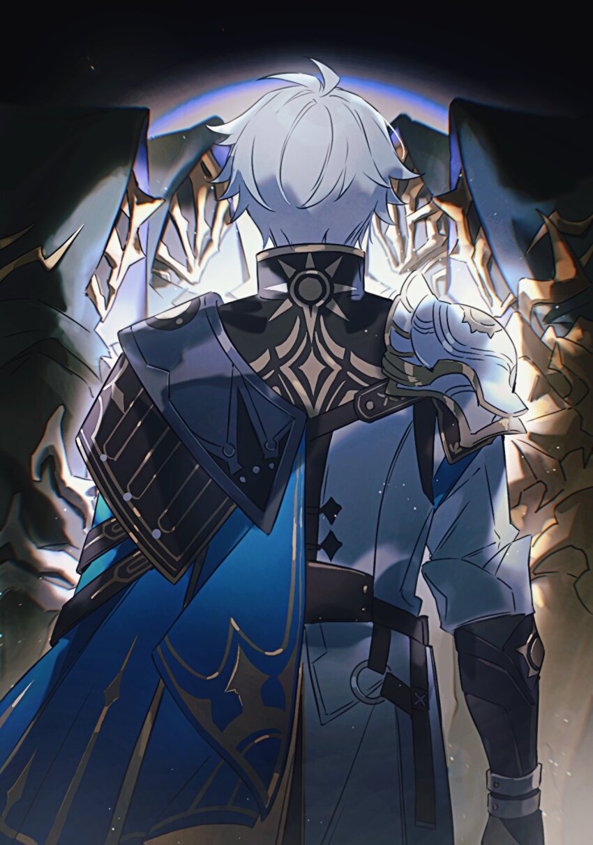 1boy antenna_hair armor black_cloak black_shirt blue_cape cape cloak clone coat collared_shirt commentary_request dark dual_persona flame_reaver_of_the_deepest_dark from_behind glowing gold_trim highres honkai:_star_rail honkai_(series) hood hood_up hooded_cloak light_particles male_focus mask multiple_views osamu18568716 pauldrons phainon_(honkai:_star_rail) shirt short_hair shoulder_armor single_pauldron sleeves_rolled_up spoilers standing sun_print sun_symbol white_coat white_hair