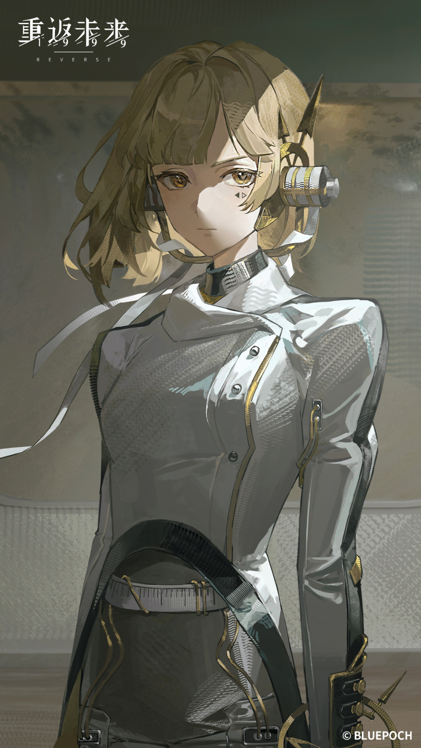 1girl absurdres blonde_hair blunt_bangs blunt_ends bob_cut closed_mouth coat copyright_name copyright_notice grey_pants highres indoors logo long_sleeves mark_under_eye mechanical_ears official_art official_wallpaper pants pointer_(reverse:1999) reverse:1999 shade short_hair solo upper_body white_coat yellow_eyes