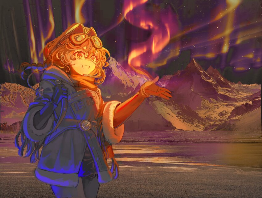 1girl :d absurdres aurora backpack bag coat cowboy_shot fur-trimmed_coat fur_trim gloves goggles goggles_on_head hands_up highres holding_strap long_braid looking_ahead mountain nautika_(reverse:1999) night night_sky open_mouth orange_light outdoors pants reverse:1999 sky smile solo star_(sky) starry_sky syun_(ashenaurora) trapper_hat
