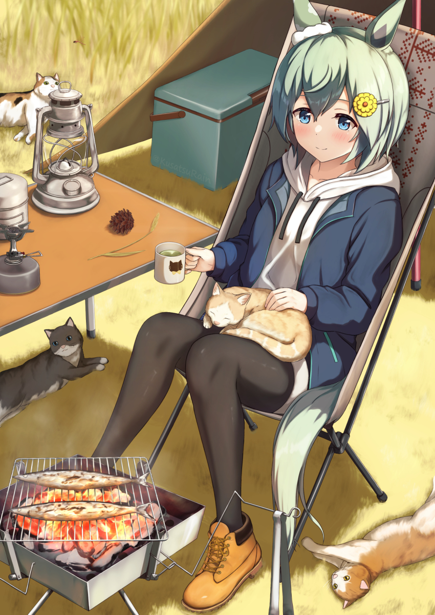 1girl amano_kusatsu animal animal_ears animal_on_lap autumn backpacking_stove black_pantyhose blue_eyes camping cat cat_on_lap chair fish folding_chair grill highres horse_ears horse_tail jacket lantern on_lap pantyhose portable_stove saury seiun_sky_(umamusume) shorts silver_hair tail umamusume