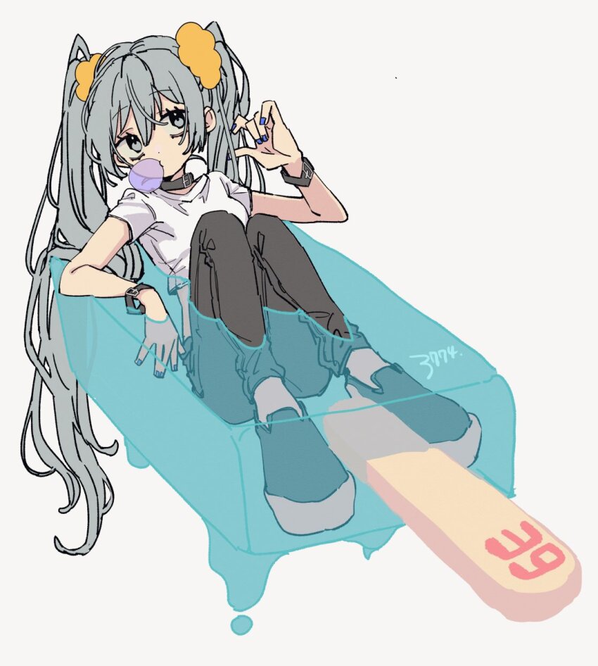 1girl 39 3774. alternate_costume alternate_eye_color alternate_hair_color black_collar black_pants blue_nails blowing_bubbles chewing_gum collar commentary crop_top denim food full_body grey_eyes grey_hair hair_flowing_over hair_ornament hair_scrunchie hand_up hatsune_miku highres in_food jeans knees_up long_hair looking_to_the_side looking_up pants partially_submerged popsicle reclining scrunchie shirt shoes short_sleeves signature sneakers solo very_long_hair vocaloid white_background white_shirt wrist_belt
